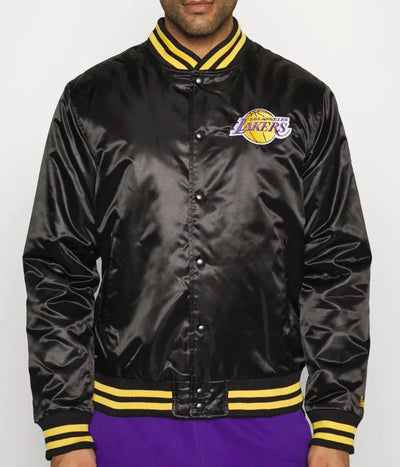 Los Angeles Lakers Wordmark Full-Snap Varsity Black Satin Men's Bomber Jacket