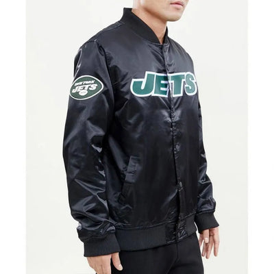 New York Jets Wordmark Full-Snap Varsity Black Satin Men's Bomber Jacket