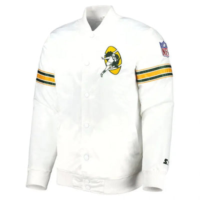 Green Bay Packers The Power Forward Full-Snap Varsity White Satin Men's Bomber Jacket