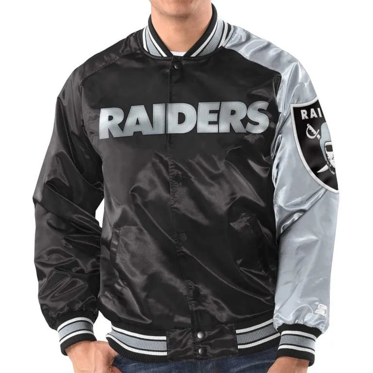Los Angeles Raiders Endzone Full-Snap Varsity Black and Gray Satin Men's Bomber Jacket