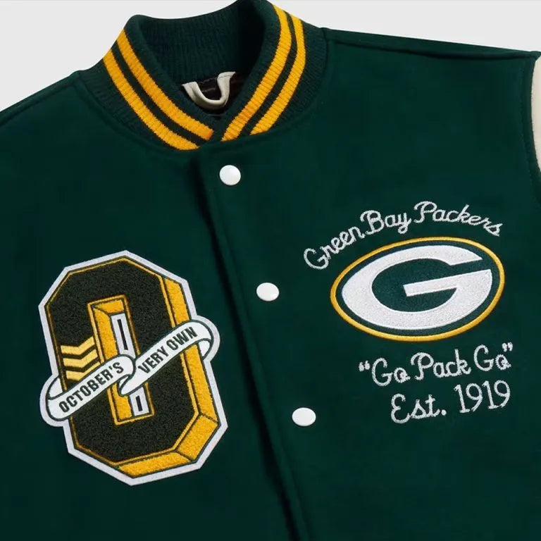 OVO Green Bay Packers Green Wool and White Genuine Leather Sleeves Men's Varsity Letterman Jacket