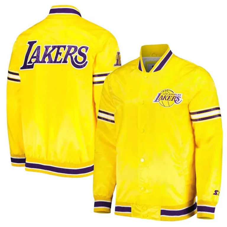 Los Angeles Lakers Slider Full-Snap Varsity Yellow Satin Men's Bomber Jacket