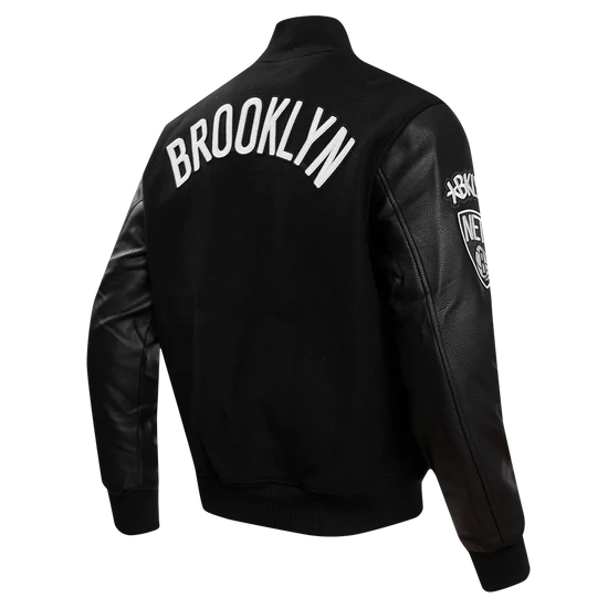 Brooklyn Nets NBA Black Wool & Genuine Leather Sleeves Men's Varsity Letterman Jacket