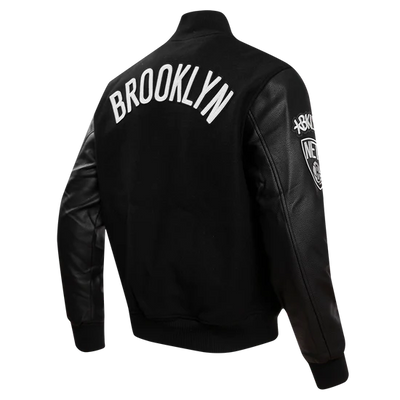 Brooklyn Nets NBA Black Wool & Genuine Leather Sleeves Men's Varsity Letterman Jacket