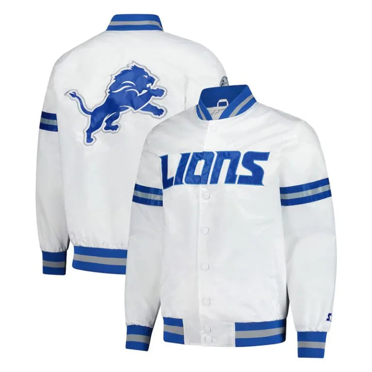 Detroit Lions Scout Full-Snap Varsity White Satin Men's Bomber Jacket