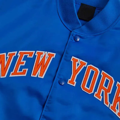 New York Knick Striped Full-Snap Varsity Blue Satin Men's Bomber Jacket