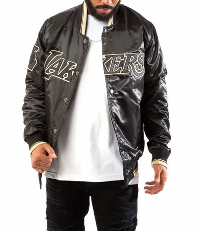 Los Angeles Lakers Full-Snap Varsity Black/Gold Satin Men's Bomber Jacket