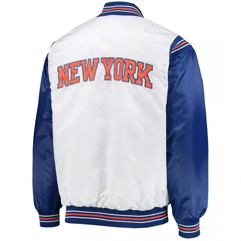 New York Knick Renegade Full-Snap Varsity White & Blue Satin Men's Bomber Jacket