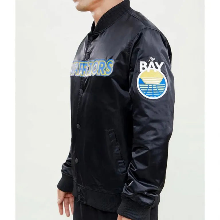 Golden State Warriors The Bay Full-Snap Varsity Black Satin Men's Bomber Jacket