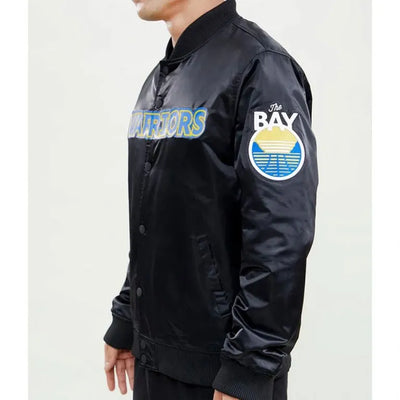 Golden State Warriors The Bay Full-Snap Varsity Black Satin Men's Bomber Jacket