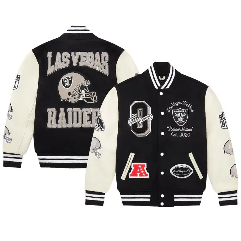 OVO Los Vegas Raiders Black Wool and White Genuine Leather Sleeves Men's Varsity Letterman Jacket