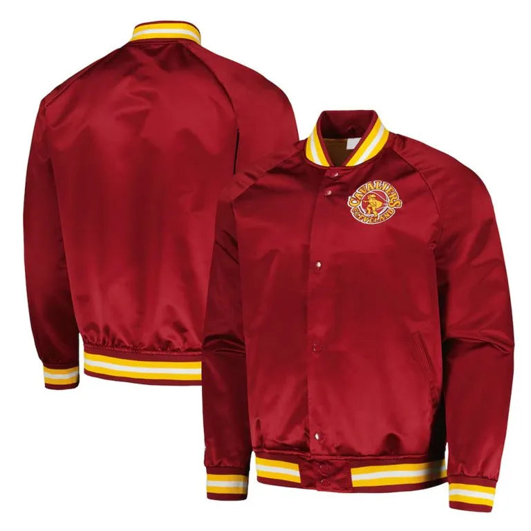 Cleveland Cavaliers Throwback Wordmark Full-Snap Varsity Wine Satin Men's Bomber Jacket
