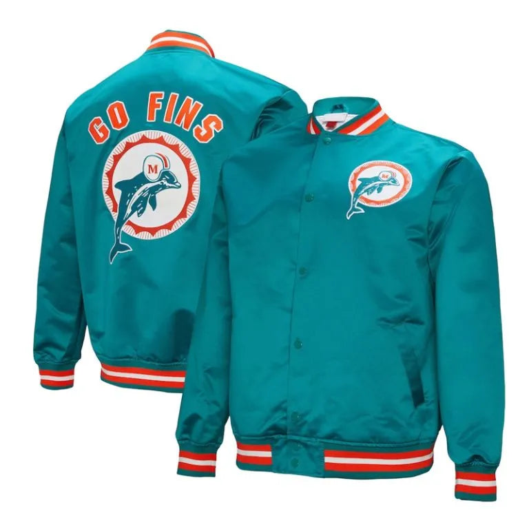 Miami Dolphins Double Down Full-Snap Varsity Aqua Satin Men's Bomber Jacket
