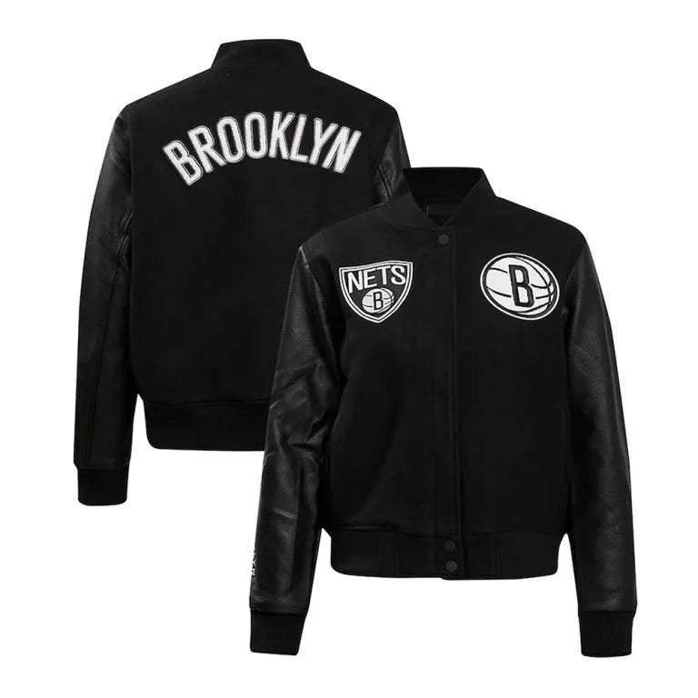 Brooklyn Nets NBA Black Wool & Genuine Leather Sleeves Men's Varsity Letterman Jacket