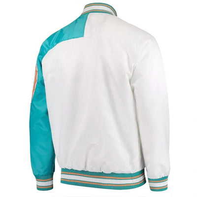 Miami Dolphins Retro Start of Season Full-Snap Varsity Aqua & White Satin Men's Bomber Jacket