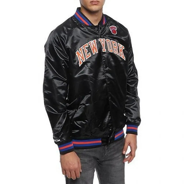 New York Knick Hardwood Classic Full-Snap Varsity Black Satin Men's Bomber Jacket