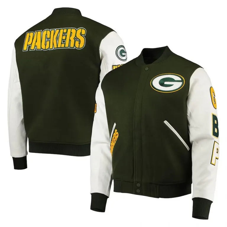 Green Bay Packers Logo Green Wool and White Genuine Leather Sleeves Men's Varsity Letterman Jacket
