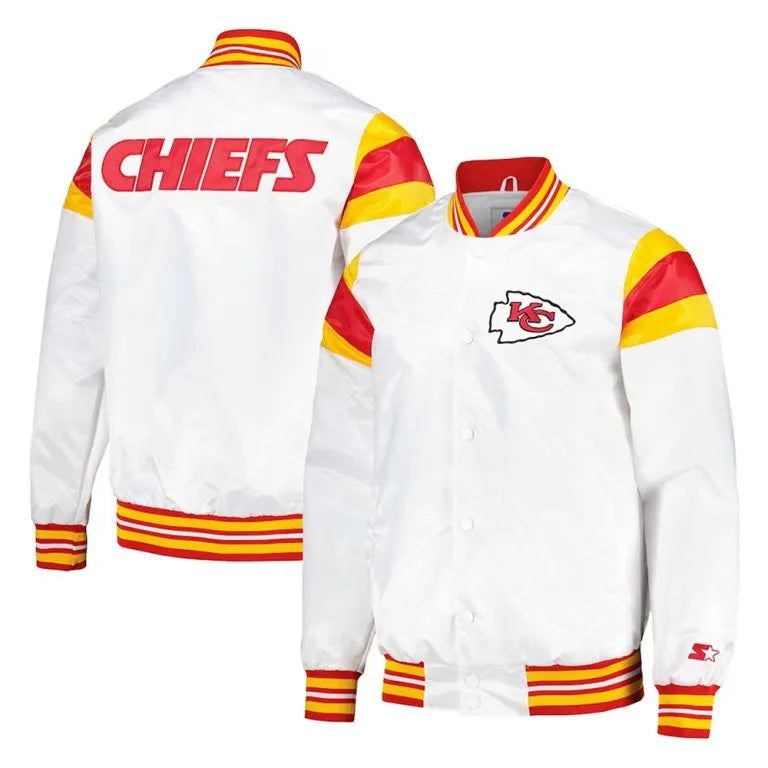 Kansas City Chiefs Teddy Full-Snap Varsity White Satin Men's Bomber Jacket