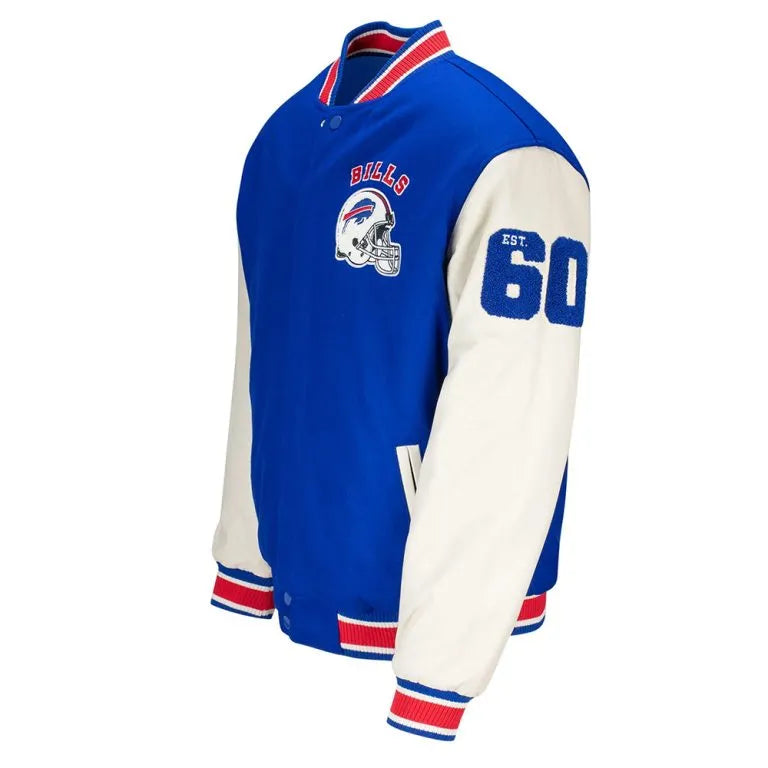 60 Buffalo Bills Royal Blue Wool and White Leather Sleeves Varsity Men's Letterman Jacket