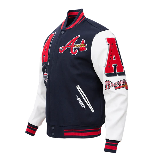 Atlanta Braves Mash Up Navy Blue Wool & White Genuine Leather Sleeves Varsity Full-Zip Men's Jacket