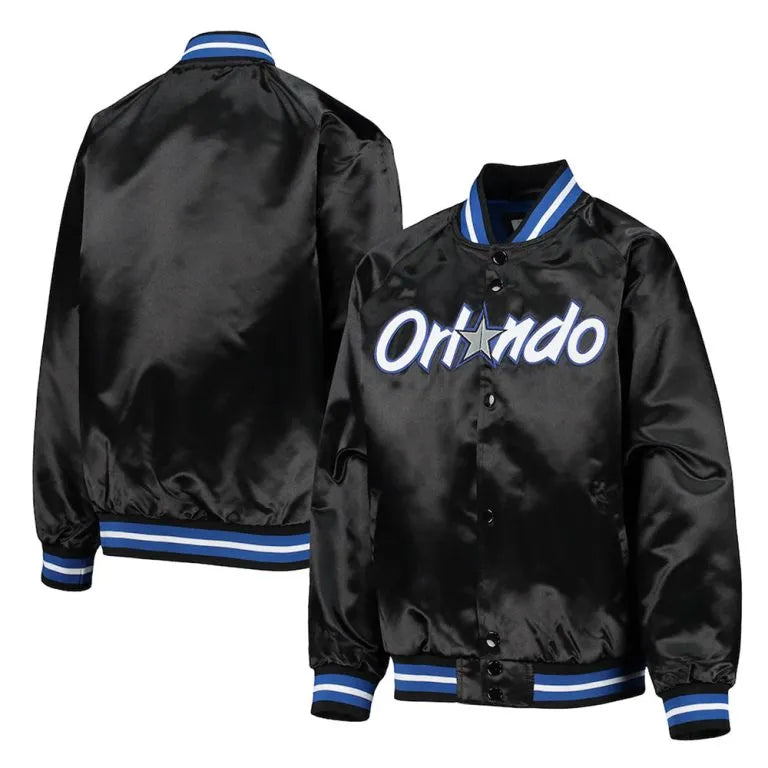 Orlando Magic Youth Hardwood Classics Full-Snap Varsity Black Satin Men's Bomber Jacket