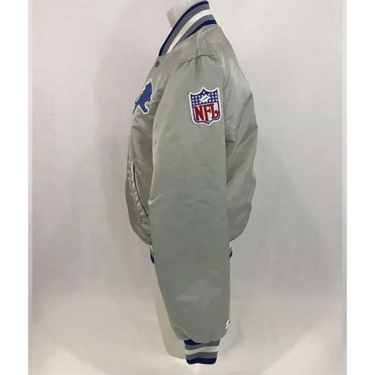 Detroit Lions Full-Snap Varsity Grey Satin Men's Bomber Jacket