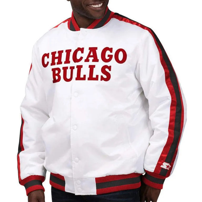 Chicago Bulls The D-Line Full-Snap Varsity White Satin Men's Bomber Jacket
