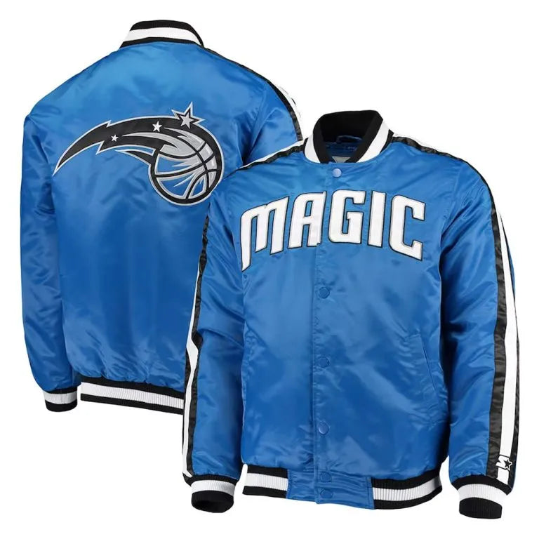 Orlando Magic The Offensive Full-Snap Varsity Blue Satin Men's Bomber Jacket