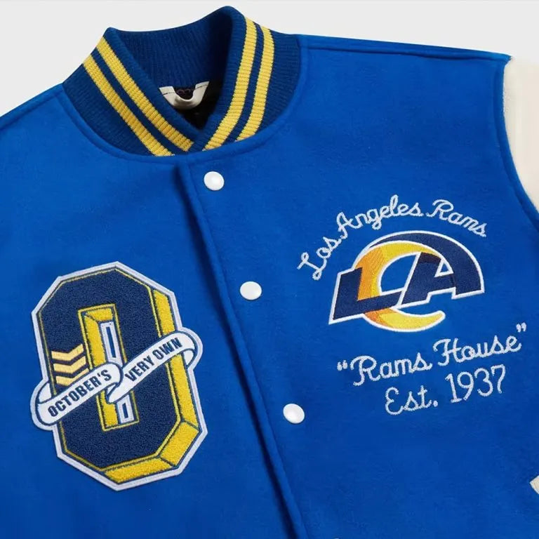 OVO Los Angeles Rams Royal Blue Wool and White Genuine Leather Sleeves Men's Varsity Letterman Jacket