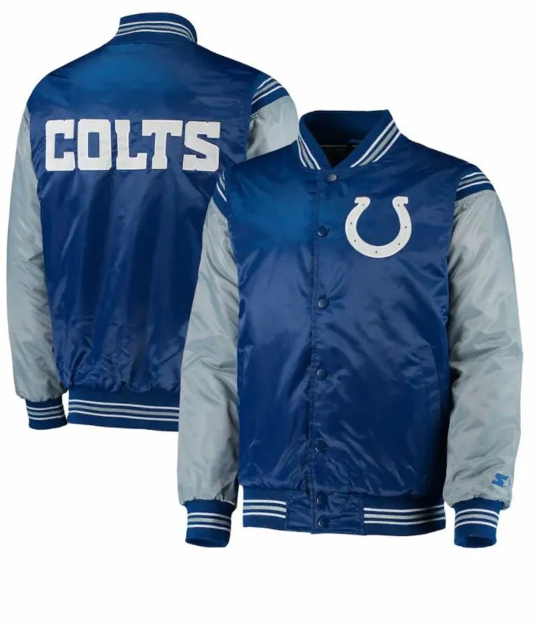Indianapolis Colts Full-Snap Varsity Grey and Blue Satin Men's Bomber Jacket