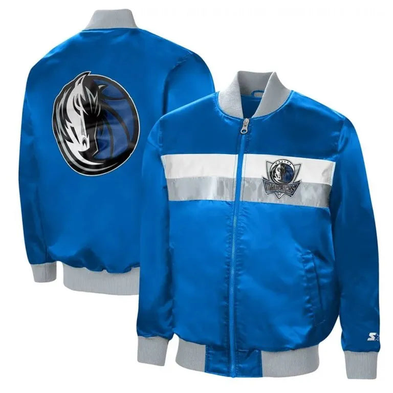 Dallas Mavericks The Ambassador Full-Snap Varsity Blue Satin Men's Bomber Jacket