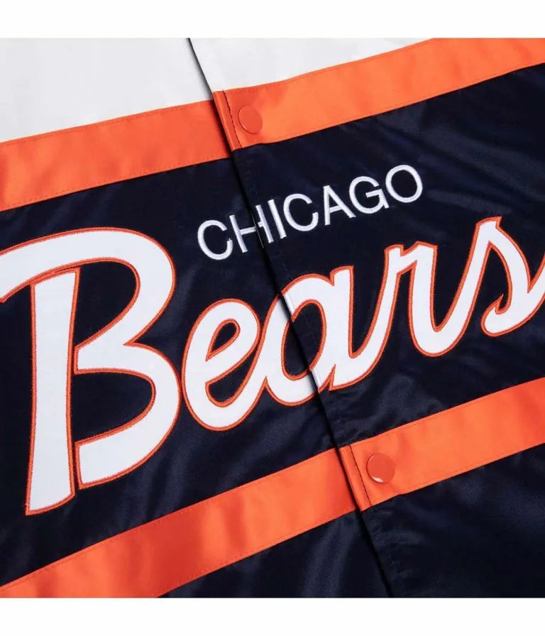 Chicago Bears Special Script Heavyweight Full-Snap Varsity Navy Blue and White Satin Men's Bomber Jacket