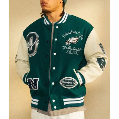 OVO Philadelphia Eagles Green Wool & White Genuine Leather Sleeves Men's Varsity Letterman Jacket