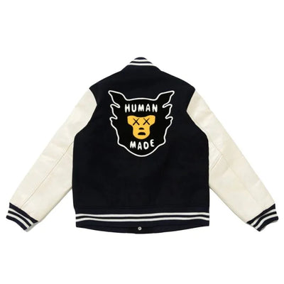 Human Made Kaws Black Wool & White Genuine Leather Sleeves Men's Letterman Varsity Jacket