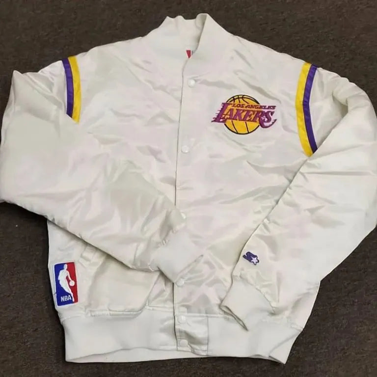 80s Los Angeles Lakers Vintage Full-Snap Varsity White Satin Men's Bomber Jacket