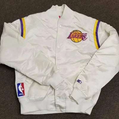 80s Los Angeles Lakers Vintage Full-Snap Varsity White Satin Men's Bomber Jacket