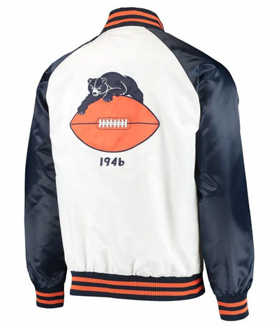Chicago Bears Clean Up Throwback Full-Snap Varsity Navy Blue and White Satin Men's Bomber Jacket