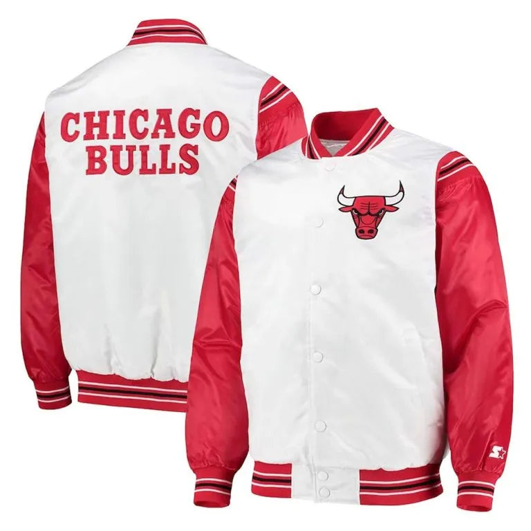 Chicago Bulls Renegade Full-Snap Varsity White/Red Satin Men's Bomber Jacket