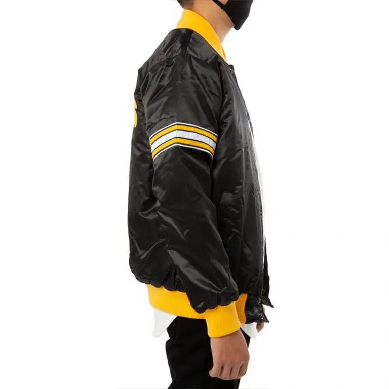 Pittsburgh Steelers Striped Full-Snap Varsity Black Satin Men's Bomber Jacket