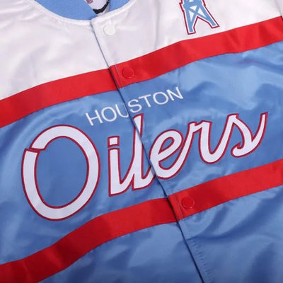 Houston Oilers Full-Snap Varsity White and Light-Blue Satin Men's Bomber Jacket