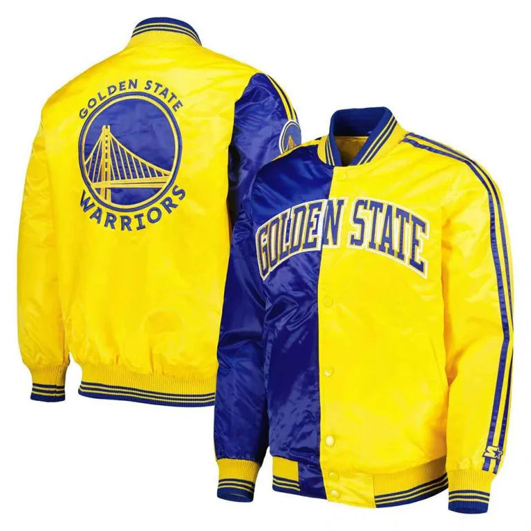 Golden State Warriors Fast Break Full-Snap Varsity Royal Blue/Yellow Satin Men's Bomber Jacket