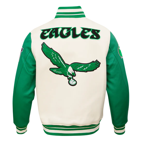 Philadelphia Eagles Mash Up Retro Classic Off White Wool & Green Genuine Leather Sleeves Men's Varsity Letterman Jacket