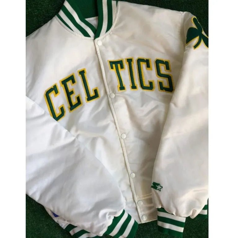 Boston Celtics Full-Snap Varsity White Satin Men's Bomber Jacket