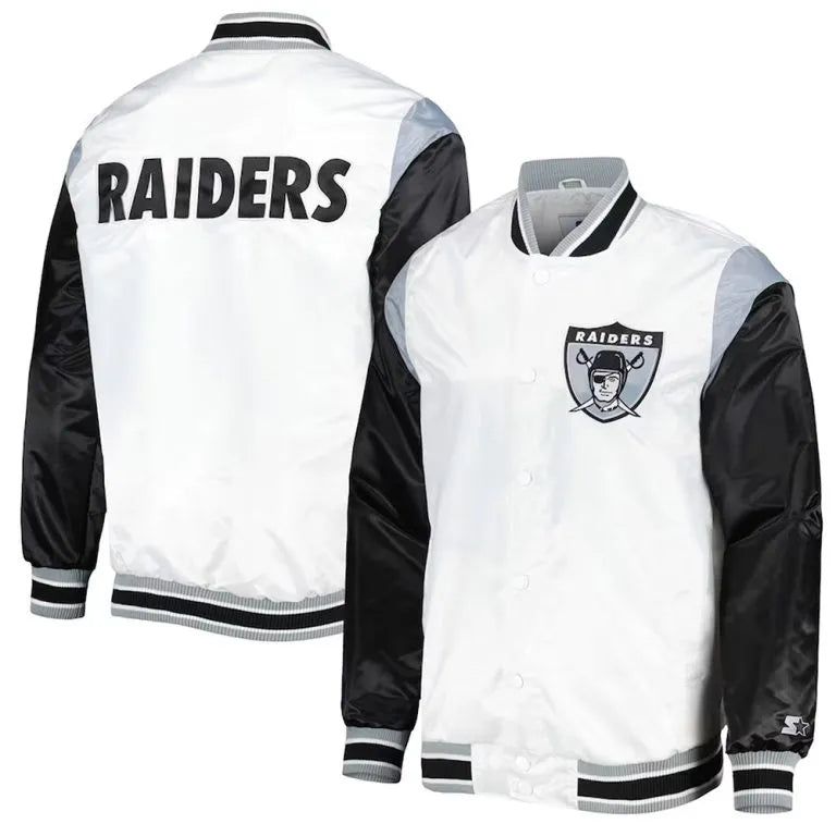 Los Angeles Raiders Throwback Warm Up Pitch Full-Snap Varsity Black & White Satin Men's Bomber Jacket