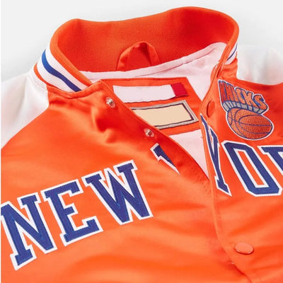 New York Knick Prime Time Full-Snap Varsity Orange and White Satin Men's Bomber Jacket