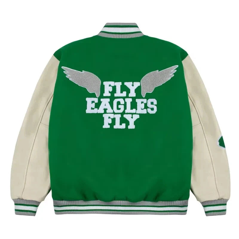 Philadelphia Eagles Go Birds Kelly Green Wool & Off White Genuine Leather Sleeves Men's Varsity Letterman Jacket