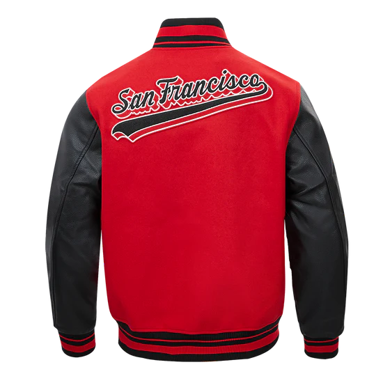 San Francisco 49ers Script Tail Classic Rib Red Wool & Black Genuine Leather Sleeves Men's Varsity Letterman Jacket