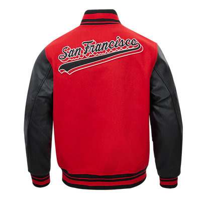 San Francisco 49ers Script Tail Classic Rib Red Wool & Black Genuine Leather Sleeves Men's Varsity Letterman Jacket