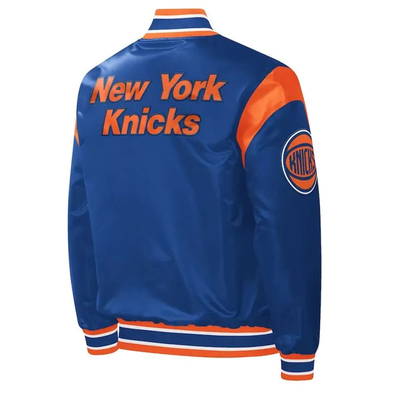 New York Knick Force Play Full-Snap Varsity Blue Satin Men's Bomber Jacket