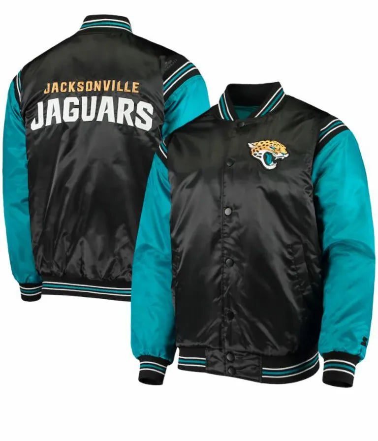 Jacksonville Jaguars Full-Snap Varsity Black and Blue Satin Men's Bomber Jacket